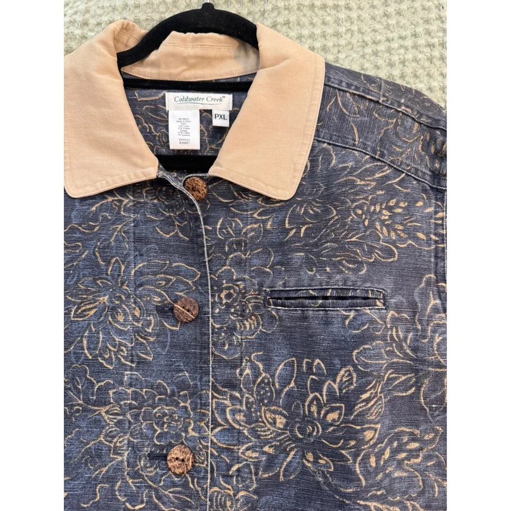 Coldwater Creek Womens PXL Linen Cotton Floral Chore Jacket Navy Tan Barn Coat